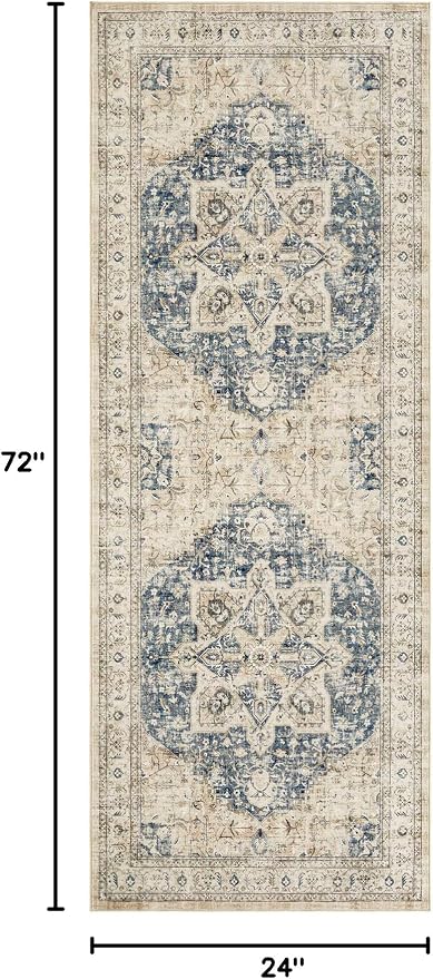 Tortania Area Rug 2x6 Runner Rugs - Washable Vintage Oriental Farmhouse Thin Indoor Carpet for Living Room Bedroom Hallway Entryway Kitchen Under Dining Table Home Office - Cream/Blue