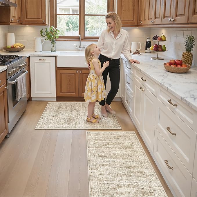 Kitchen Rugs Sets of 2, 2x3 2x4 Rug Runner,Brown | 2 Piece Washable Rug for Hallway,Entryway,Bedroom,Dining Room,Thin,Soft Runner Rug,Stain Resistant Indoor Carpet,Non Slip