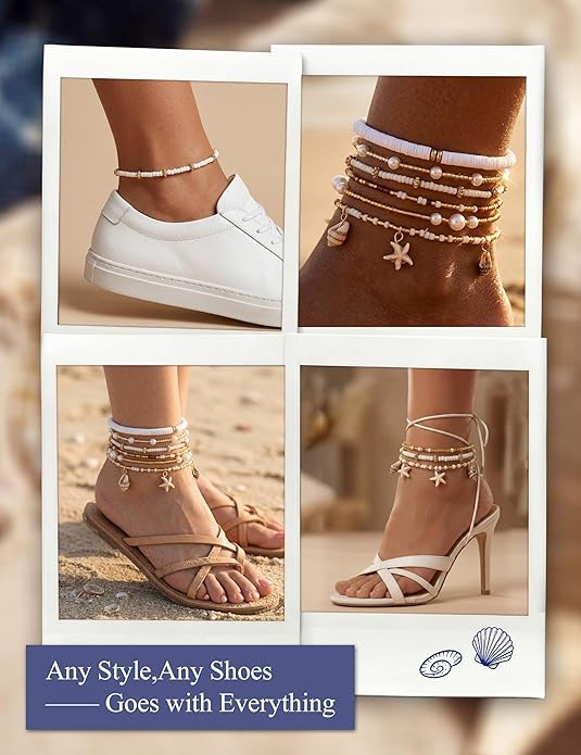 JeryWe 6Pcs Ankle Bracelets for Women - Waterproof Beaded Anklet Bracelet Set, Layered Boho Starfish Seashell Beach Jewelry, Handmade Summer Elastic Anklet