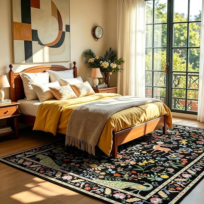 5x7 Black Washable Rug for Living Room - Foyer Rugs for Entryway, Bedroom, Home Office, Floral Indoor Décor