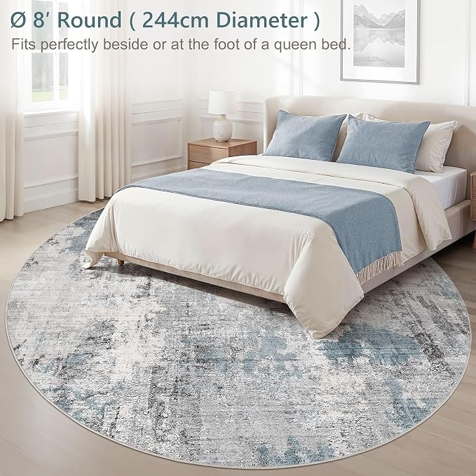 Abstract 8FT Round Rug: Machine Washable Non Slip Ultra Thin Low-Pile Carpet, Soft Stain Resistant for Living Dining Room Bedroom, Kid Pet Friendly, Robot Vacuum Compatible - Grey Blue