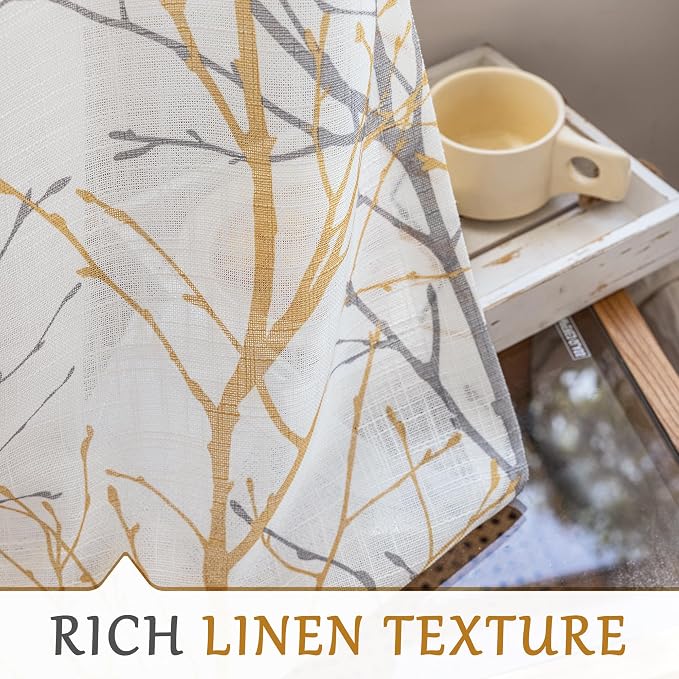 FMFUNCTEX Linen Yellow White Semi Sheer Patio Curtains 84 Inch Long 1 Panel | Extra Wide Sheer Patterned Patio Door Drapes, Tree Branch Print, Grommet Top for Sliding Doors and Airy Farmhouse Privacy