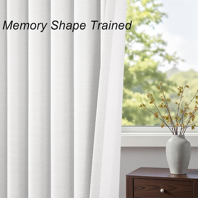 Topfinel Snow White Blackout Linen Curtains 102 Inches Long for Bedroom Back Tab 100% Black Out Curtains Memory Shape Noise Reducing Rustic Farmhouse Living Room Darkening Window Drapes 2 Panels