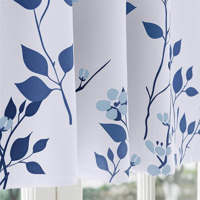 Beauoop Floral Valance Curtains for Kitchen Navy Blue 52X18 Inch 1 Panel | Flower Patterned Navy White Blackout Short Curtains for Living Room Bedroom Cafe Thermal Small Window Curtains Rod Pocket