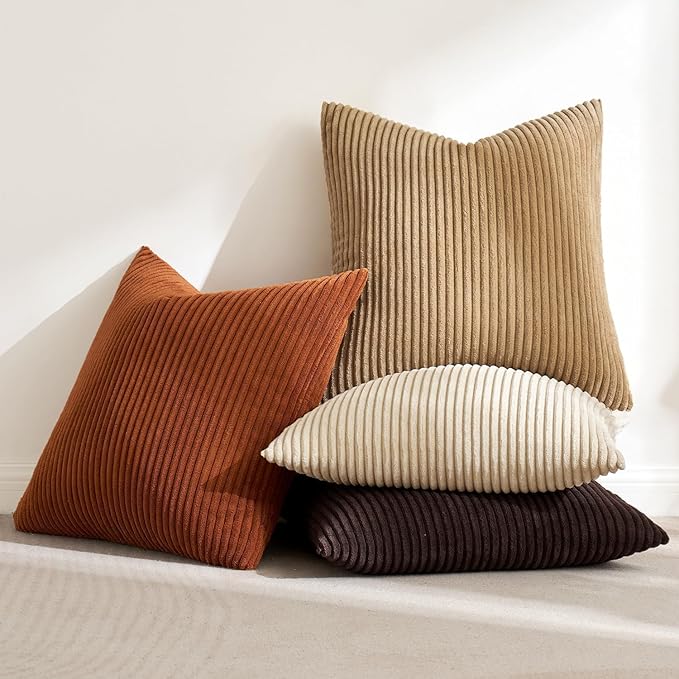 MIULEE Boho Farmhouse Throw Pillow Covers 20x20 Inch Set of 4 Rustic Mordern Neutral Cushion Covers Soft Corduroy Nordic Fall Home Decor for Couch Bed Sofa Living Room Chocolate Brown/Rust