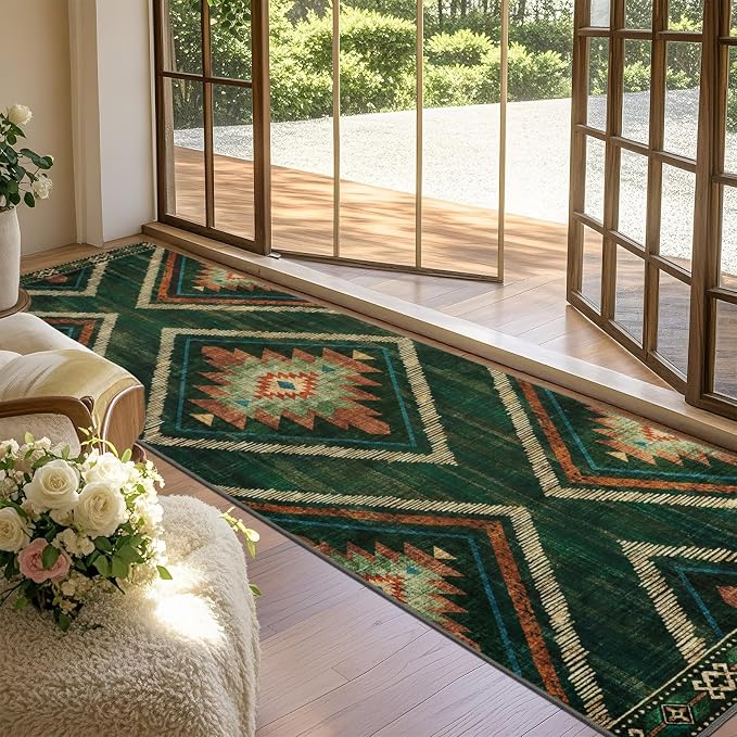 Runner Rugs for Hallway Boho 3x10Ft Non Slip, Green Moroccan Washable Kitchen Rug Runner Non Shedding, Soft Geometric Entryway Floor Carpet for Floor Bedroom Doorway Office Decor