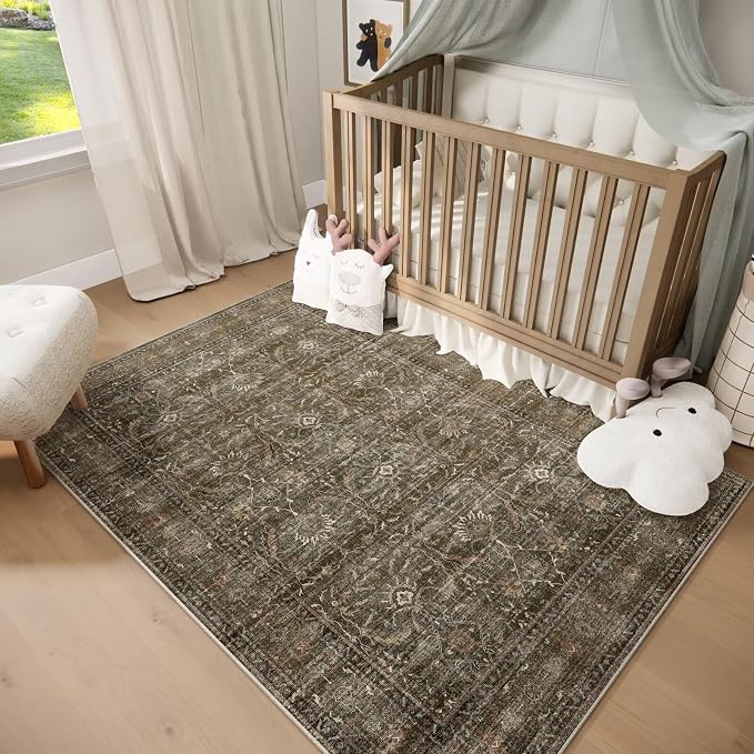 Boho Washable 5x7 Area Rugs for Living Room, Cushioned, Red/Brown | Vintage Non-slip Rugs for Bedroom Dining Room Nursery Office, 0.3" Neutral Oriental Throw Thin Carpet, Dark Brown/ Rust