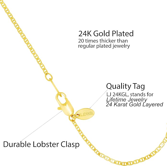 LIFETIME JEWELRY Womens Gold Anklet 1.4mm Flat Mariner Link Ankle Bracelet 24k Real Gold Plated