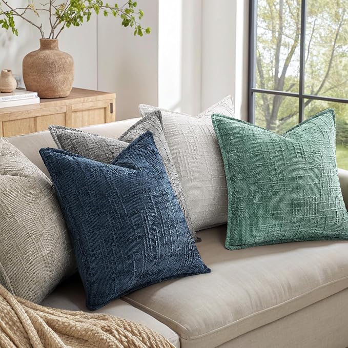 decorUhome Chenille Decorative Throw Pillow Covers 24x24 Set of 2,Aqua | Soft Texture, Slubby Modern Design, Flange Edges, Cozy Accent Pillow Covers for Couch, Sofa, Bed, Living Room