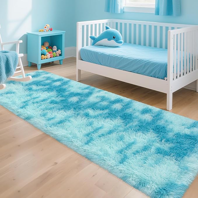 Light Blue Fluffy Rug for Bedroom Living Room, 2x8 ft Soft Sky Blue Bedroom Runner Rug for Bedside Kids Boys Room Hallway, Washable Fuzzy Kids Rugs Plush Shag Carpet for Nursery Dorm