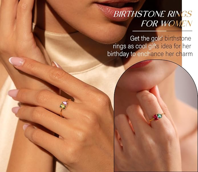 Birthstone Rings for Women, Non Tarnish Gold Rings 2026 Graduation Gifts Birthday Gift Trendy Teen Girl Stuff Dainty 14K Plated Adjustable CZ Stacking Promise Ring Anniversary Jewelry for Friend Sister Girlfriend Daughter