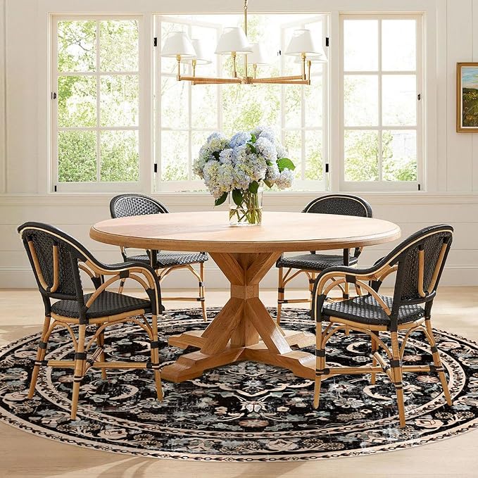 Vhong Boho Area Rugs Vintage Washable Modern Neutral Carpet Black 8×8 High Traffic Round Rugs for Dinning Room Living Room Bedroom Farmhouse Non Slip