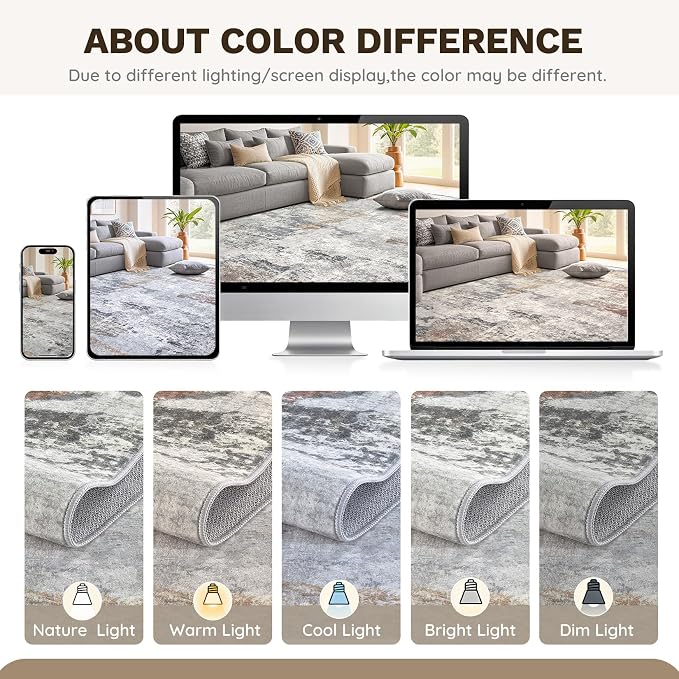 DMOYEST 8x10 Area Rug for Living Room, Washable & Non Slip Large Indoor Carpet, Kid & Pet Friendly Soft Thin Low Pile Abstract Rug for Bedroom and Office - Grey/Orange/Yellow