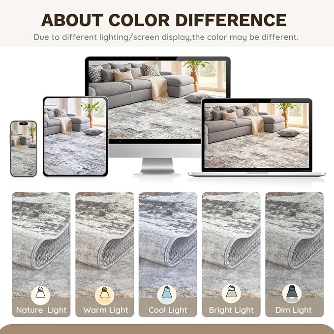 DMOYEST 7x9 Area Rugs for Living Room, Washable Large Abstract Rug, Non Slip Low Pile Indoor Carpet, Kid & Pet Friendly Neutral Modern Rugs for Bedroom Dining Room - Grey/Orange/Yellow