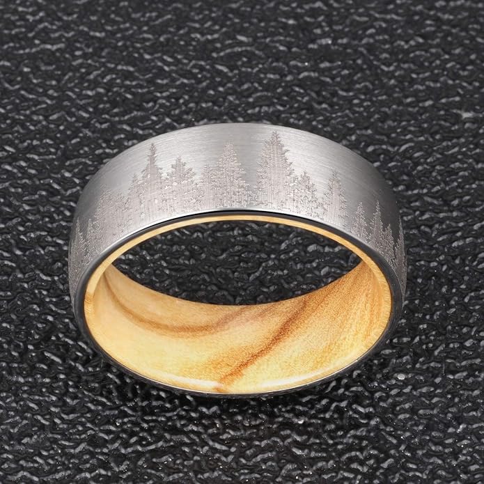 Forest Rings for Men 8 mm Black Plated Wedding Band with Wood Liner Comfort Fit