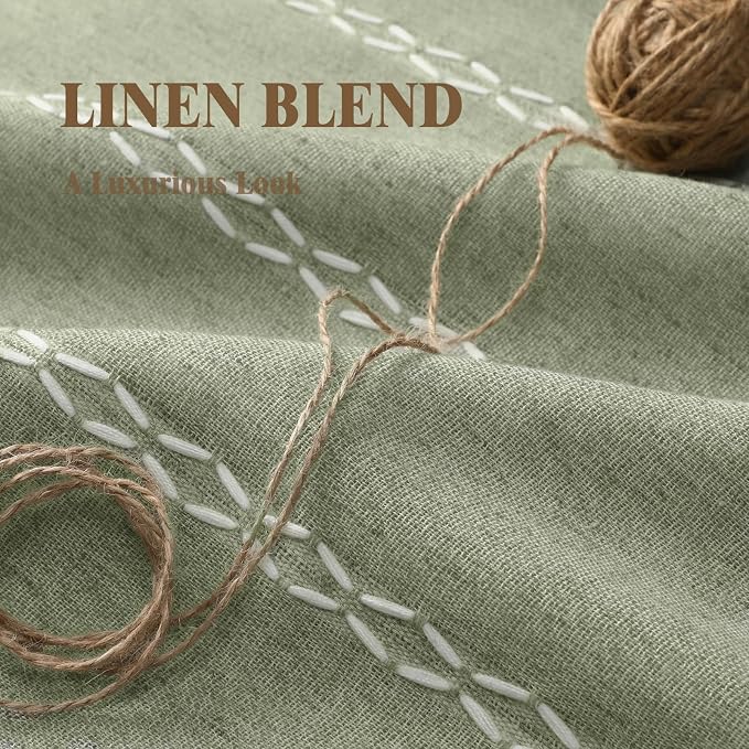 Green Boho Blackout Curtains 2 Panels 84 Inch for Living Room Bedroom, Linen Texture Farmhouse Curtains with Tassels and White Cotton Embroidery Vintage