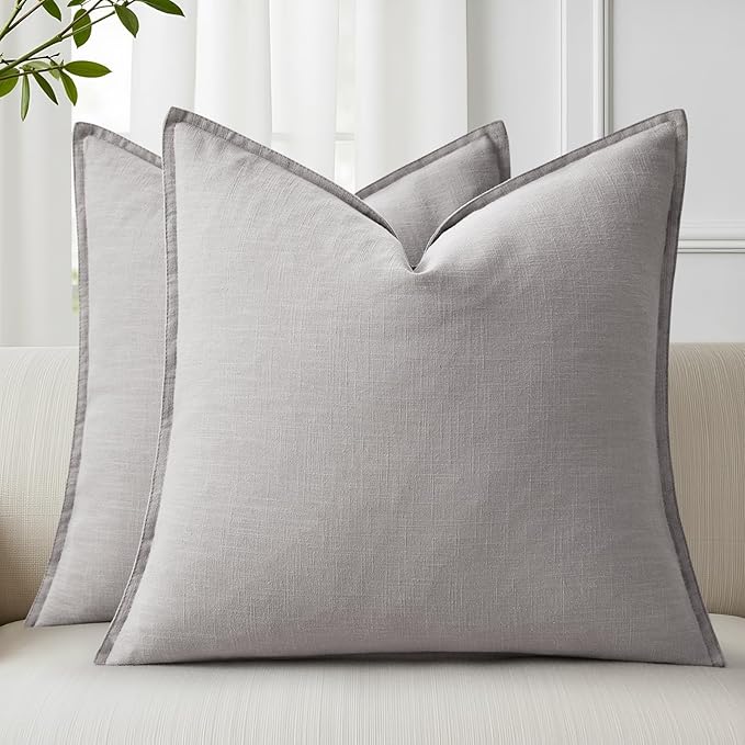 decorUhome Fall Light Grey Linen Throw Pillow Covers 16x16 Set of 2 | Decorative Soft Cozy Modern Farmhouse Boho Accent Pillow Cases with Flange Edges for Couch Bed Sofa Living Room Home Decor
