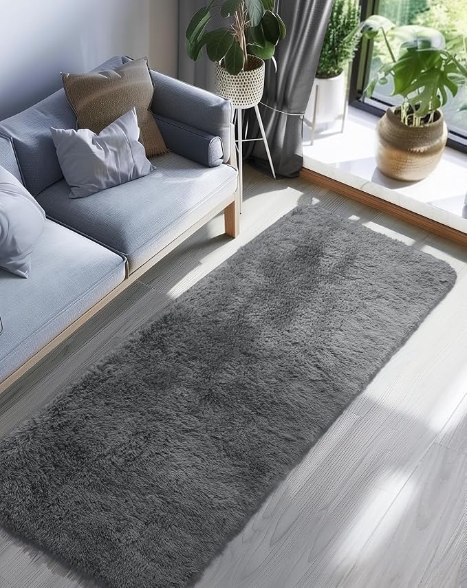 Ophanie 2x8 Runner Rug for Hallway, Upgrade Non-Slip Fluffy Soft Bedside Rugs, Bedroom Living Room Grey Shaggy Gray Carpet for Kids Dorm Home Decor with Over 99 pcs Pile fibers