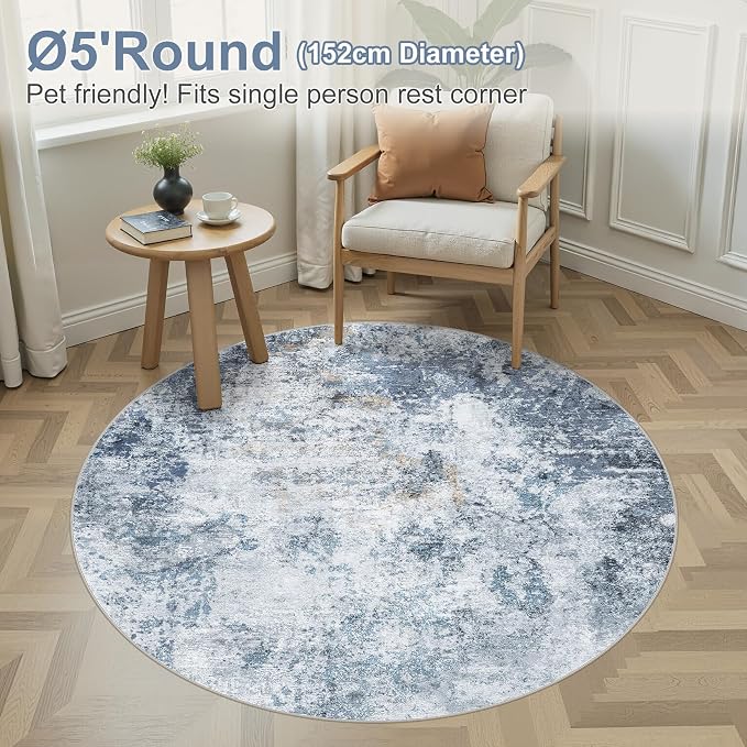 DMOYEST 5ft Round Area Rug for Living Room - 5x5 Washable & Non Slip Circle Rug, Kid & Pet Friendly Soft Low Pile Abstract Carpet for Bedroom and Dining Room - Blue