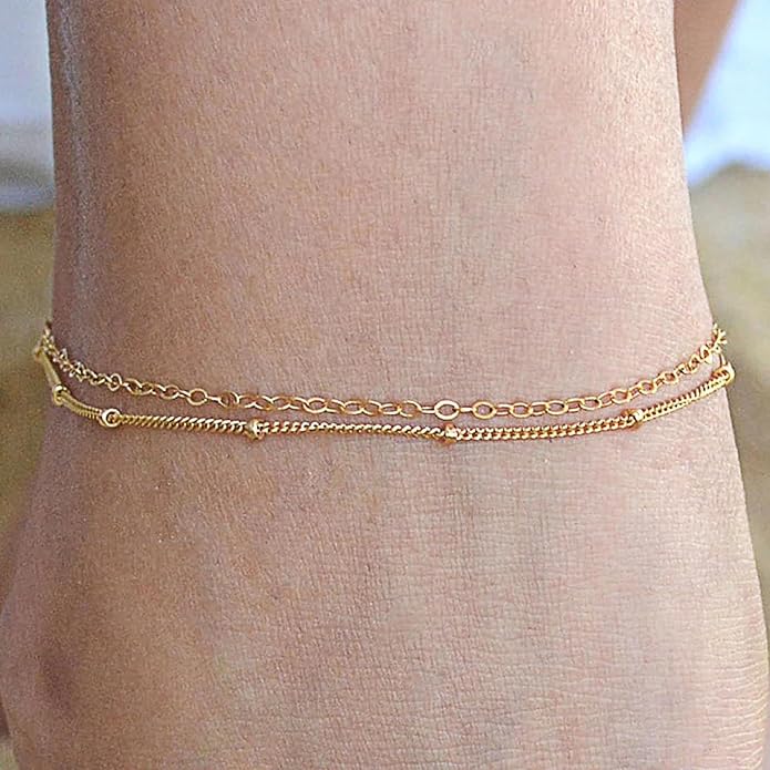 Pencros Dainty Layered Anklet,14K Gold Filled Cute Beads Satellite Chain Heart Boho Adjustable Anklets for Women