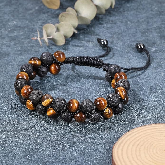 Jovivi 4pcs Hematite Beads Black Agate Lava Rock Stones Tiger Eye Bracelets for Men Double Layer Stress Relief Aromatherapy Essential Oil Diffuser Healing Lava Bracelet Adjustable