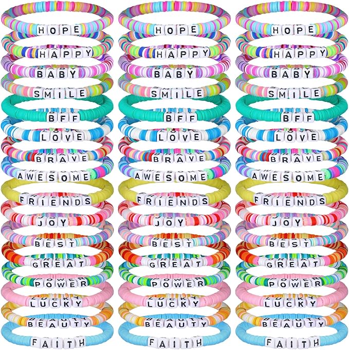 Landical 64 Pcs Friendship Bracelets Bulk Women Beaded Heishi Surfer Inspirational Stackable Party Favor Bracelet Pack Vinyl Beaded for Goody Bag Fillers Party Favors Gifts Valentine