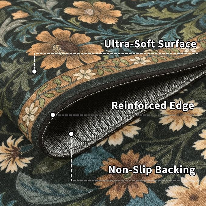 2x5 Washable Runner Rug,Black Brown Floral Boho Area Rug for Hallway,Low-Pile Non-Slip Stain Resistant Carpet for Kitchen, Bedside,Laundry Room,Entryway