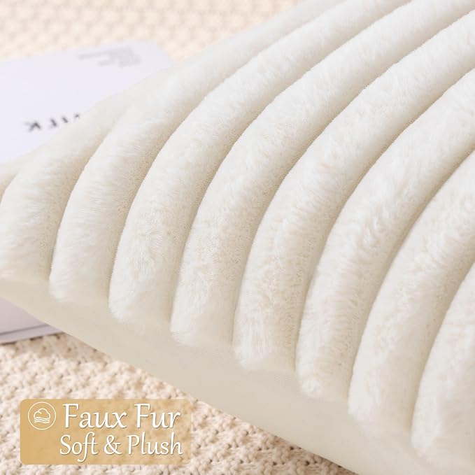 decorUhome Fall Faux Fur Throw Pillow Covers 18x18 Set of 4 Khaki/Beige | Decorative Modern Farmhouse Soft Cozy Striped Pillow Cases Velvet Back for Sofa Bed Living Room Classic Accent Home Decor