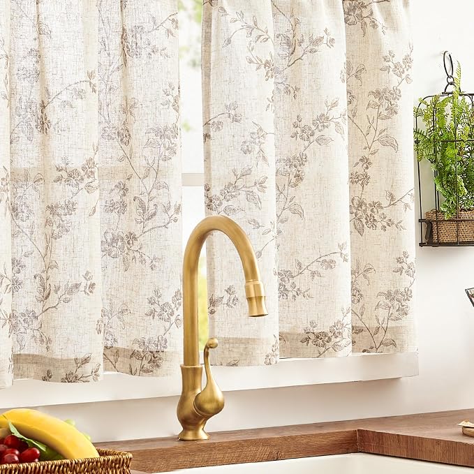 Lazzzy Elisa Floral Kitchen Curtains 24 Inch Linen Cafe Curtains Farmhouse Half Window Drapes Over Sink Light Filtering for Small Windows Rod Pocket Back Tab 2 Panels Taupe on Beige