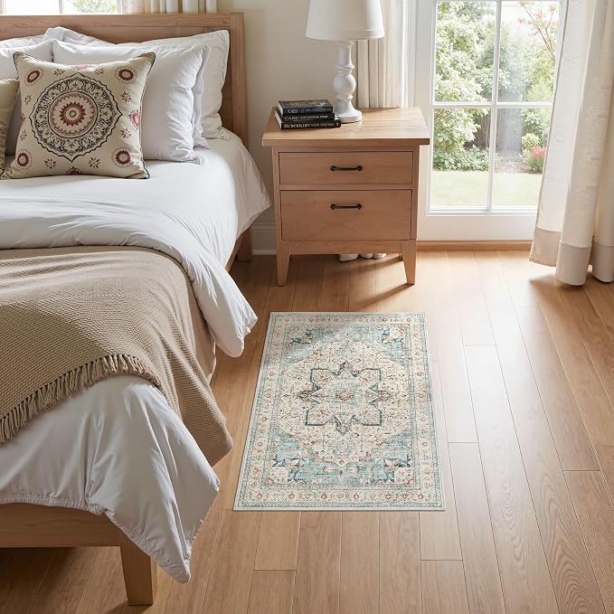 Tortania Area Rug 2x3 Doormat - Washable Vintage Oriental Farmhouse Soft Thin Indoor Carpet for Living Room Bedroom Hallway Entryway Kitchen - Aqua Multi