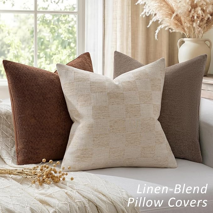 a moment Set of 2 Decorative Linen Throw Pillow Covers,Large Grid Textured Neutral Boho Farmhouse Cushion Covers,Soft Aesthetic Pillowcases for Couch Sofa Living Room Home Decor,20x20 Inch,Natural