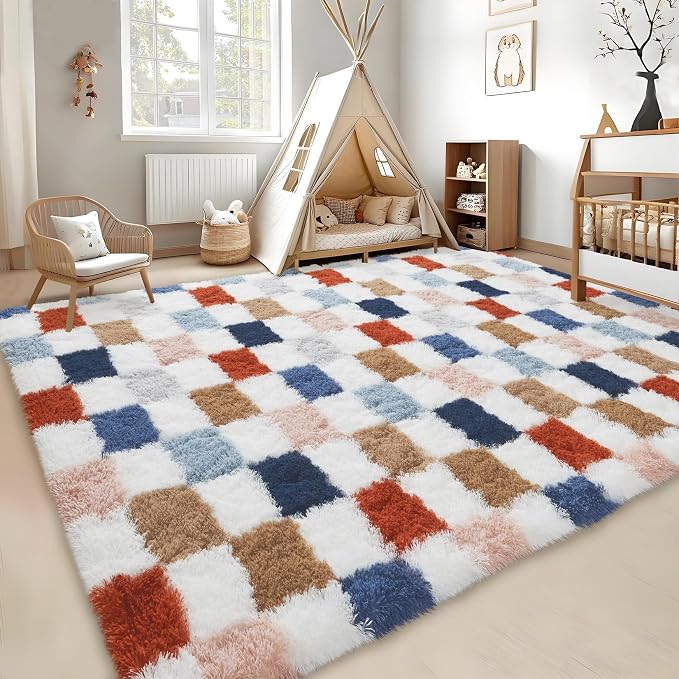 Garvee Plush Fuzzy 9x12 Area Rugs for Living Room, Washable Plush Checkered Rug for Bedroom, Modern Shag Rainbow Rugs Non Slip Soft Furry Large Carpet for Kids Room Nursery Home Decor