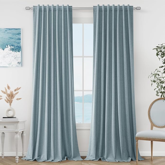 Guken Blue 100% Blackout Linen Curtains 102 Inch Length 2 Panels Set for Living Room Bedroom Back Tab Rod Pocket Thermal Insulated Black Out Drapes Room Darkening Window Curtains 52x102