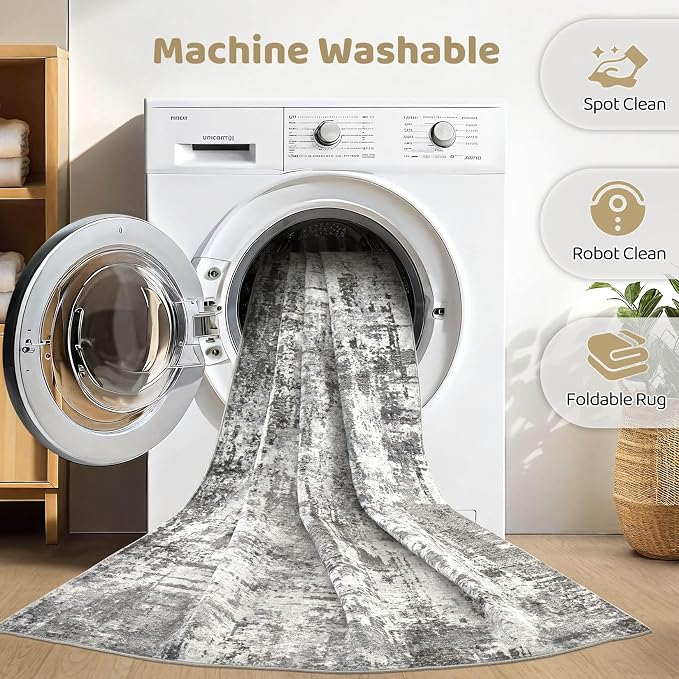 6x9 Area Rugs Living Room: Washable Large Abstract Neutral Modern Soft Gray Rug Stain Resistant Indoor Floor Non-Slip Accent Carpet for Bedroom Nursery Playroom Office Dining Room Home Decor