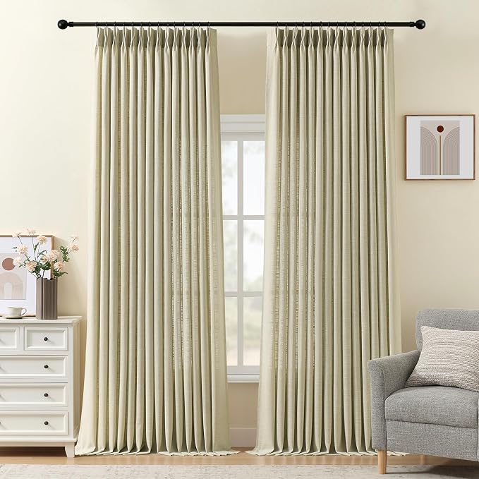 IVAPUPU Linen Pinch Pleated Curtains 96 Inches Long for Living Room, Semi Sheer Privacy Linen Blend Curtain Memory Trained Back Tab Pleat Drapes with Rings for Bedroom Dining Room, 2 Panels, W40xL96