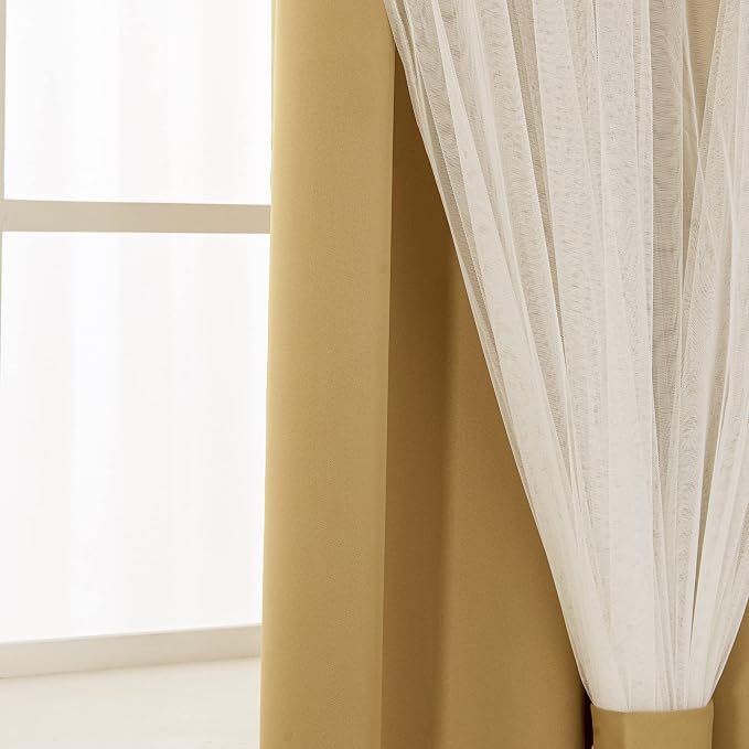 INLINAS Gold Blackout Curtains with Sheer Overlay - Grommet Top Thermal and Noise Reduction Panels for Bedroom and Living Room Light Blocking and Energy Saving, 37 x 72 Inches, Set of 2