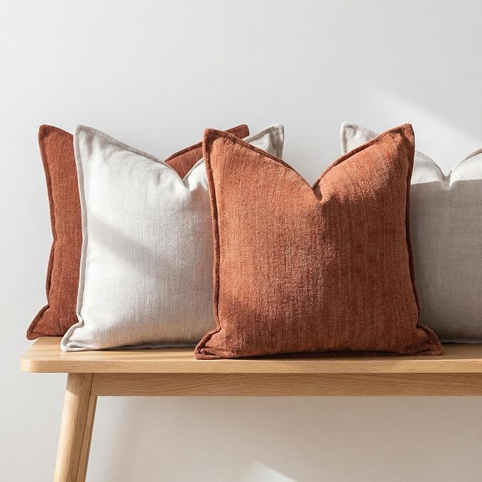 20x20 Inches Throw Pillow Covers Set of 4 Soft Textured Chenille Decorative Cushion Cases for Couch Sofa Bed Modern Farmhouse Neutral Accent Covers with Hidden Zipper Beige Orange
