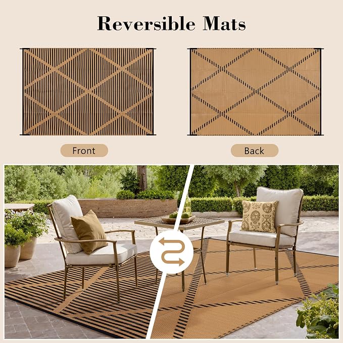 Lahome 6x9 Outdoor Plastic Straw Rug, Reversible Waterproof Camping Rug for Tent, Large Weatherproof Outside Carpet for Rv Beach Backyard Balcony Deck, Brown 6'x9'