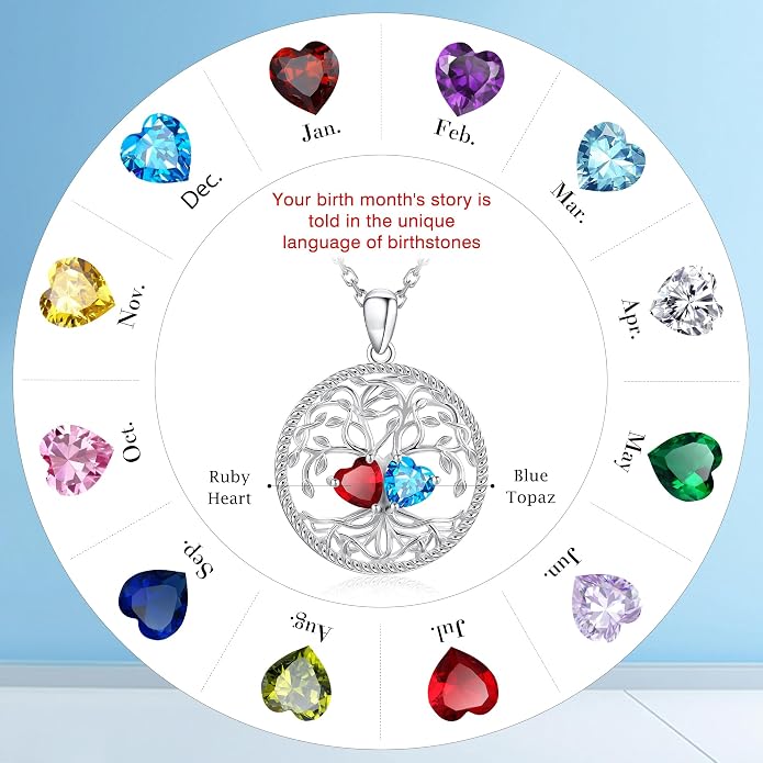 Mothers Day Gifts for Women，925 Sterling Silver Family Tree of Life Pendant Necklaces with 2 Heart Birthstone Jewelry Birthday Anniversary Christmas Gifts for Her Girlfriend Mom Wife Grandma Daughter