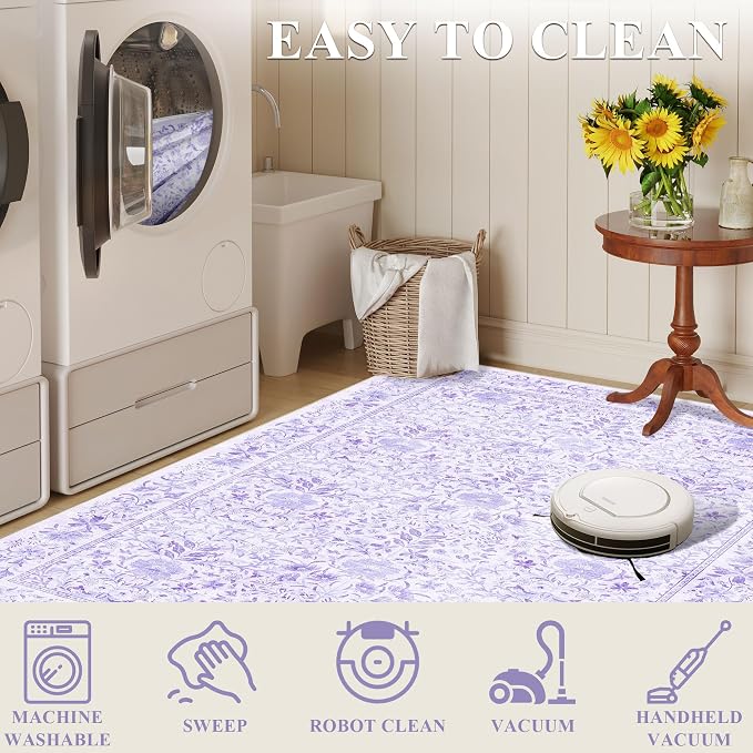 DUKINO 2x6 Runner Rug, Washable Vintage Floral Kitchen Rug, Purple | Non Slip, Low Pile, Stain Resistant Boho Soft Throw Carpet Runner for Hallway Bathroom Laundry Bedroom Entryway, Non-Shedding