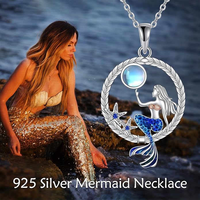 LUHE Mermaid Necklace Jewelry Gifts Sterling Silver Sea Mermaid Crescent Moon and Star Necklace with Flower Pendant Birthday Gifts for Daughter Women