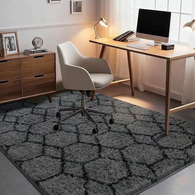 Fluffy Rug for Bedroom, Soft 4x6 Grey Shag Plush Geometric Area Rugs | Modern Grey and Black Rug, Non Slip Carpet for Living Room, Aesthetic Home Decor, Fuzzy Floor Mat for Nursery Teen Dorm