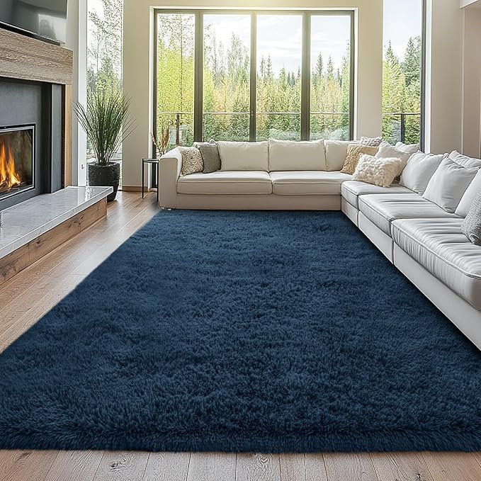 Large Rugs for Living Room 9x12: 9x12 Area Rugs for Living Room- Navy Blue Shag Rug for Bedroom- Fuzzy Plush Modern Carpets for Kids Room (Navy Blue, 9x12 Feet)