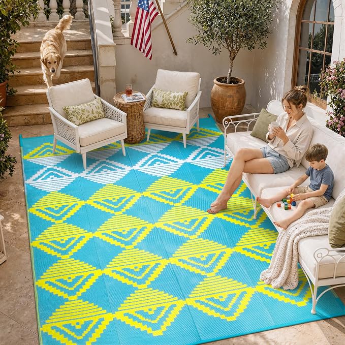 Beeiva Waterproof Outdoor Rug 6x9 for Camping, Balcony & RV, Reversible Plastic Straw Outdoor Mat Blue Yellow