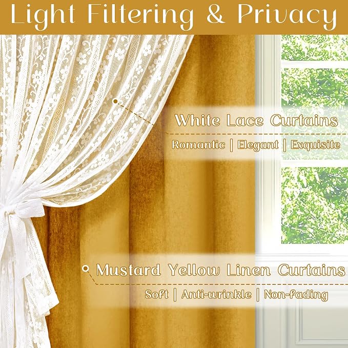 ASPMIZ Linen Curtains for Living Room Double Layer Curtains with Linen Lace, Mustard Yellow Bedroom Curtain Light Filtering, Rod Pocket Drapes 63 Inch Length 2 Panels Set with 2 Tiebacks, 52x63