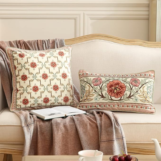 patdrea Designer French Velvet Throw Pillow Cover,Set of 4,-Kulom ABCA | Elegant Vintage Lumbar Pillow Case,Pink Floral and Leaves Pattern,Decorative Pillow Cover for Couch Living Room Bedroom