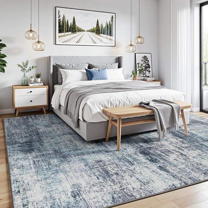 Lofus 5x7 Area Rug for Living Room, Blue Abstract Rugs with Non-Slip Backing, Neutral Modern Washable Carpet for Bedroom Dining Room Home Office Nursery Indoor