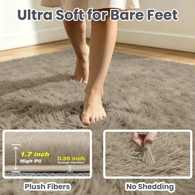 8x10 Area Rug for Living Room, Ultra Soft Fluffy Grey Camel Rugs for Bedroom, Non Slip Large Shag Carpet, Fuzzy Plush Nursery Rug, Thick Washable Indoor Floor Carpets for Kids Office Dorm Home Decor