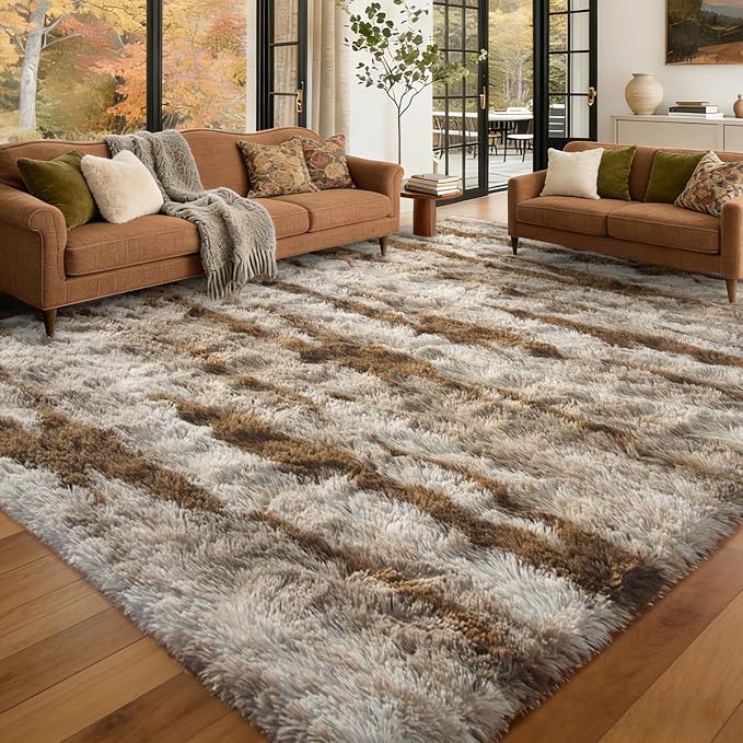 Large Shaggy 6x9 Area Rugs for Living Room Decor, Non-Slip Tie-Dyed Rugs for Bedroom Kids Playroom Dorm Room, High Pile Ultra Soft Carpet, Khaki