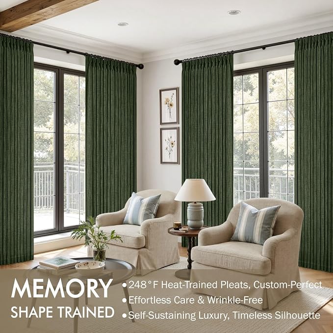 MIULEE Pinch Pleated Thick Linen Curtains 102 Inches Long 2 Panels for Living Room Bedroom, Linen Textured Drapes Pleat Back Tab Memory Trained Light Filtering Boho Loden Window Curtains with Hooks